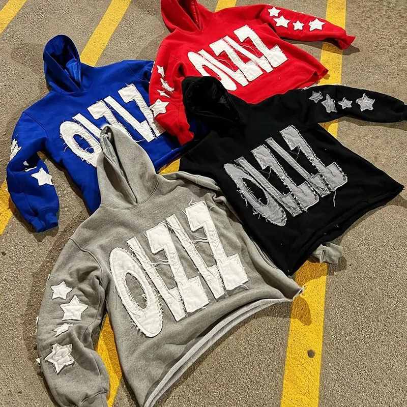 raw hem patch distress embroidery streetwear hoodies wholesale