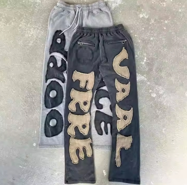 Wholesale Wide Leg Sweat pants Embroidery Patch Print Distressed Acid Wash Sweat