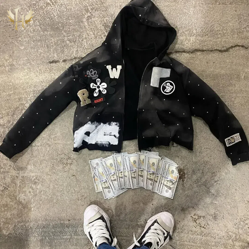 Acid Washed Distressed Chenille Applique Embroidery hoodie wholesale