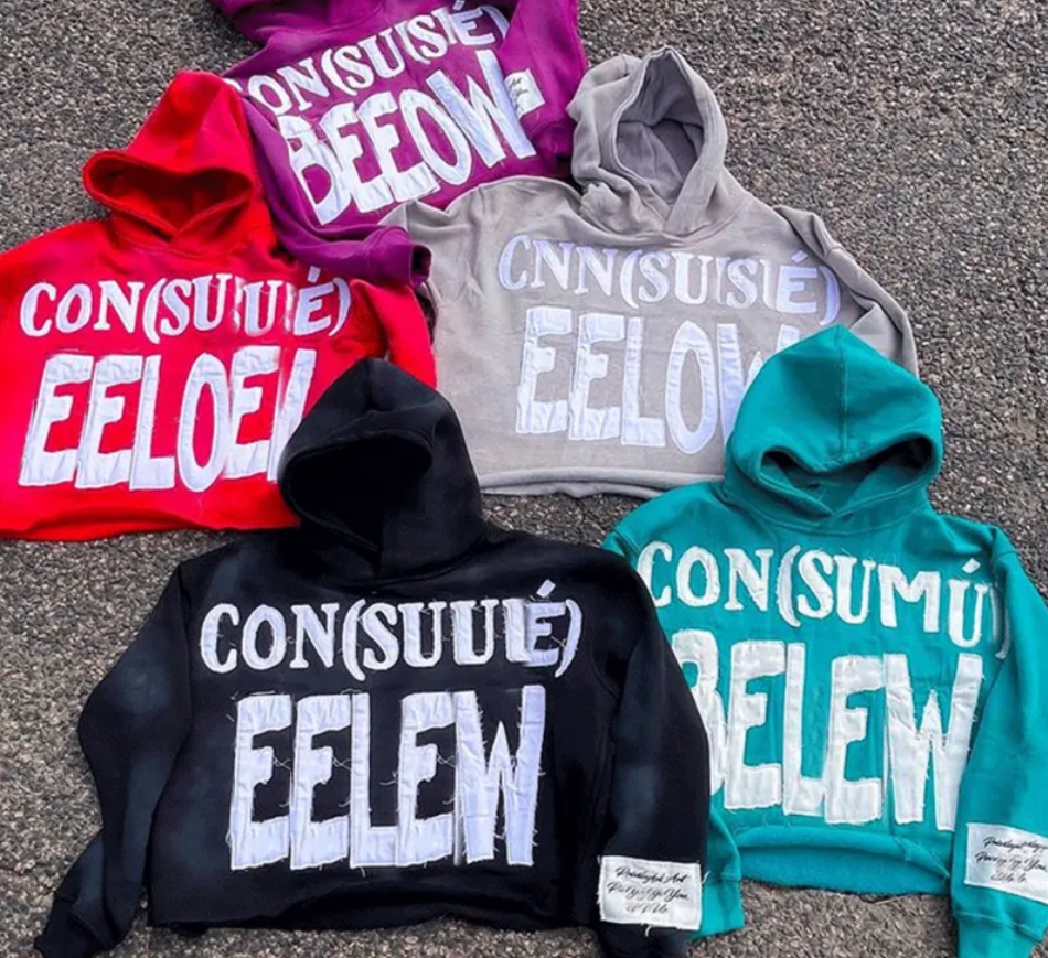 Acid Wash Applique Stitch Patch Embroidery Cropped Hoodies Men wholesale