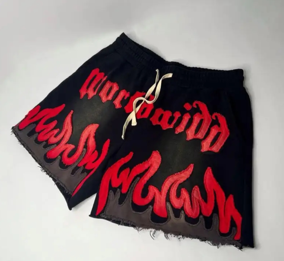 Distressed Acid Washed Embroidery Applique Patch Cotton Shorts custom