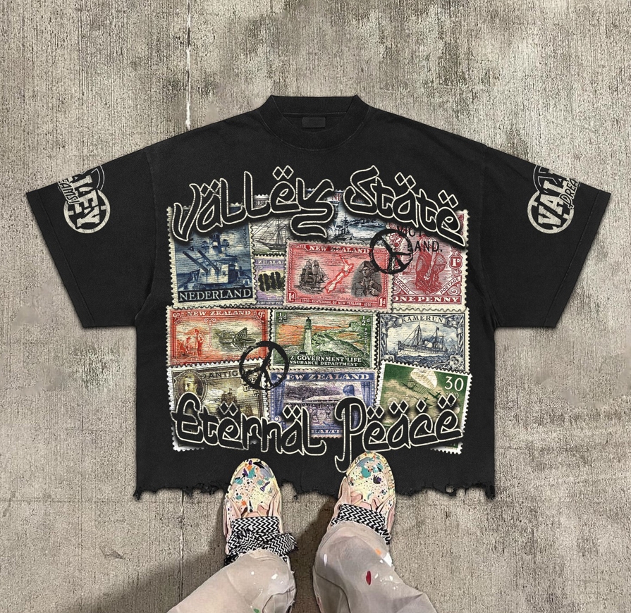 Black Acid Wash Heavyweight Graphic Oversized Boxy Cropped T Shirt wholesale