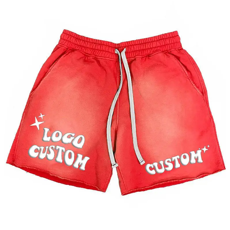 Drawstring Shorts Cotton French Terry Sweat Puff Print Acid Wash Shorts wholesal