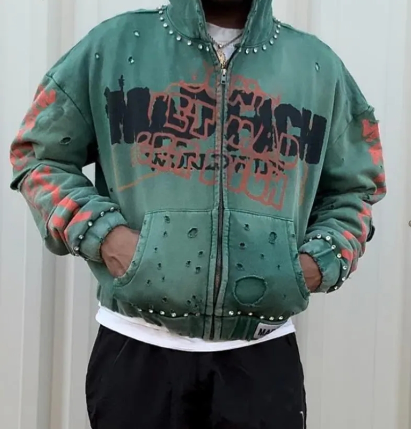 Dtg Print Acid Washed Men Vintage Cropped Rhinestones hoodie wholesale