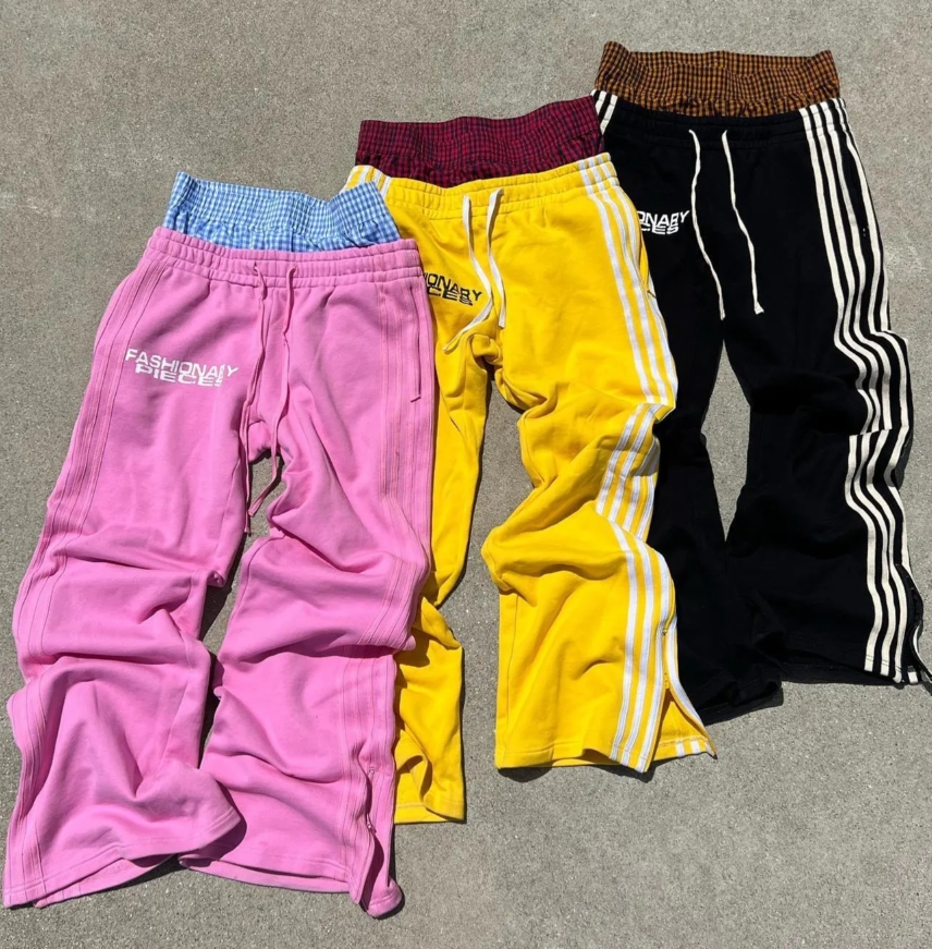 Straight Wide Leg Baggy Track Jogger Pant Double Waist Flared Sweatpants