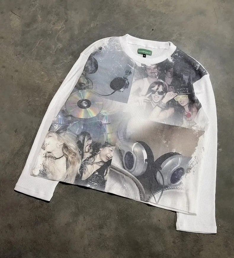 Boxy Fit Graphic DTG Printing Cotton Crewneck Thermal Waffle Sweatshirt