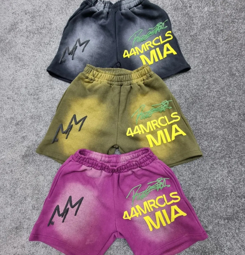 Puff Print Shorts Stone Acid Wash Shorts Raw Hem Shorts wholesale
